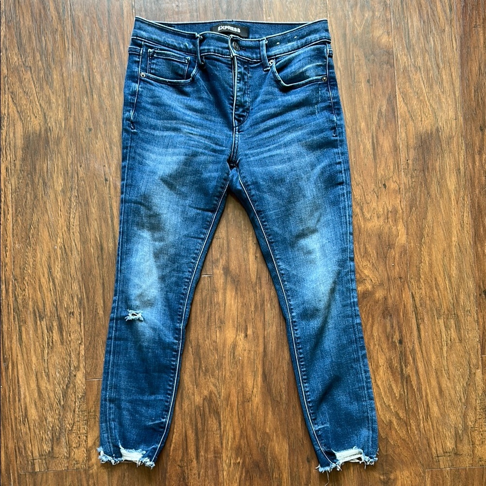Express Blue Ankle Cropped Jeans with Raw Hem-6Short